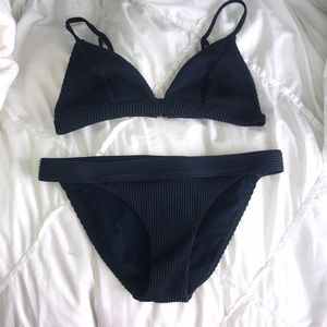 navy blue ribbed triangle bikini set